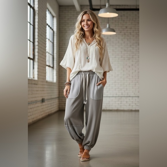 NWT POL Boho Crochet Doily Patchwork Jogger Sweats Sweat Pants Joggers Grey - Picture 9 of 13